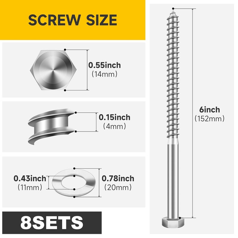 MYWISH (8Sets) 3/8" x 6" Hex Head Lag Bolts, Heavy Duty Lag Screws with Washers, 304 Stainless Steel Bolts 18-8, Lag Screws Wood Screws, Partial Thread Bright Finish, 3/8 Bolt by - Image 2